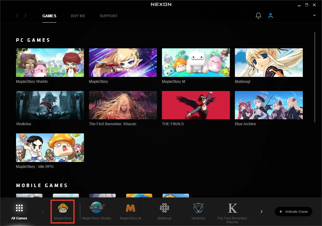 MSCW installation, step 2: selecting MapleStory in the Nexon Launcher