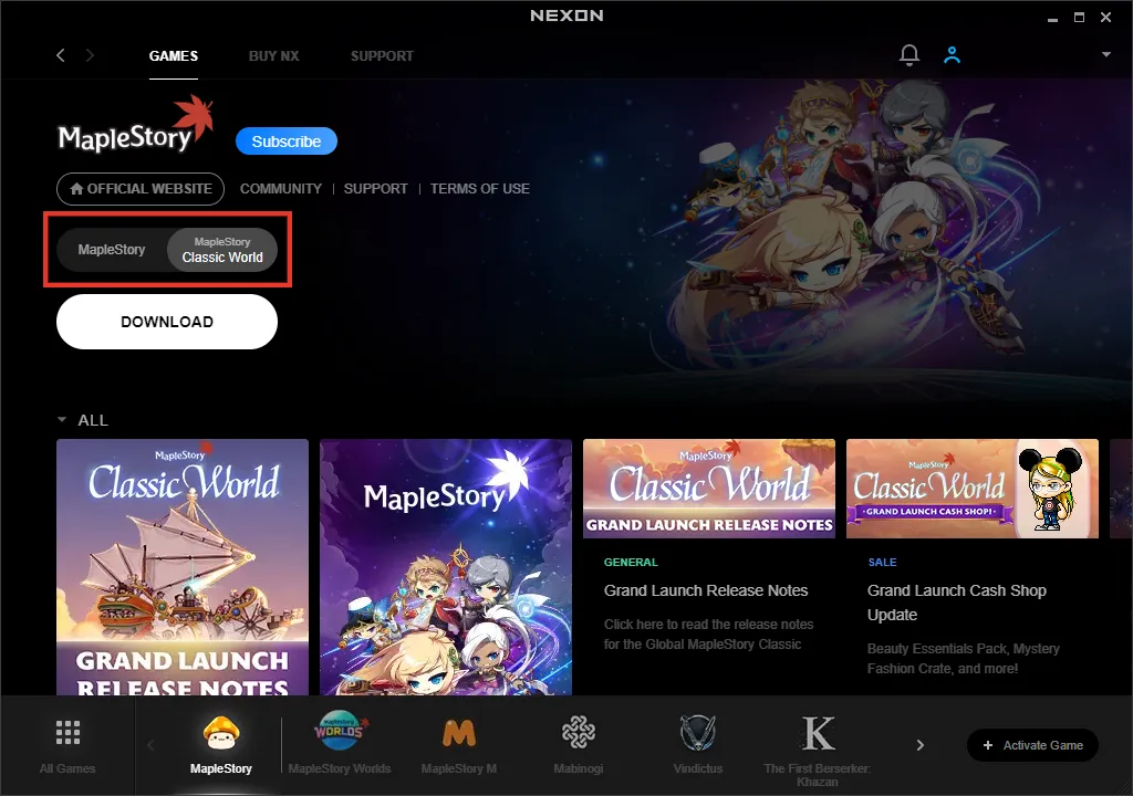 MSCW installation, step 3: selecting MapleStory Classic World in the launcher