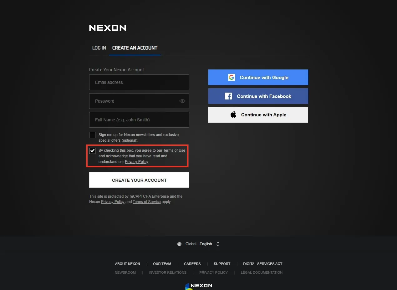 Entering Nexon account details and accepting the terms